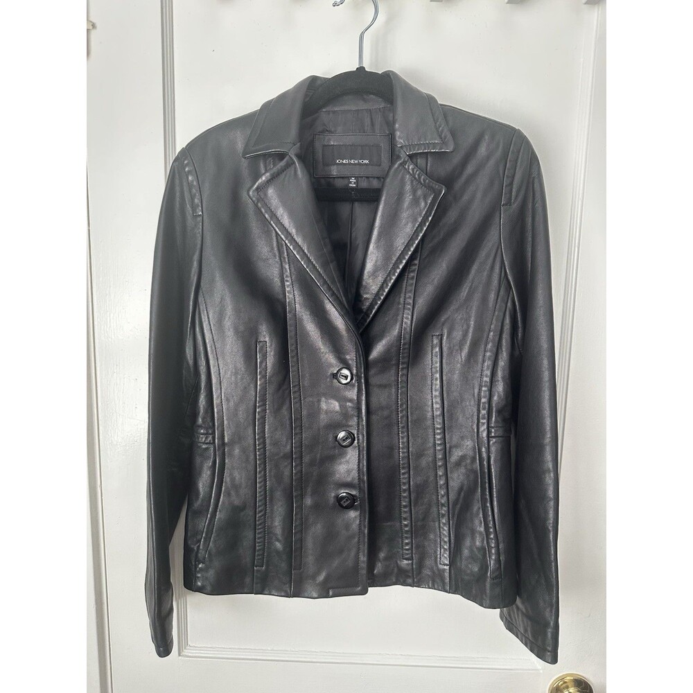 Jones New York Black Leather Coat Tailored Jacket Women's Medium